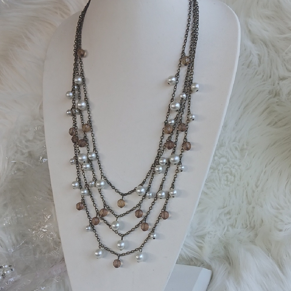 Paparazzi Layered Pearl and Brown Bead Brass Necklace LONG - Picture 6 of 9